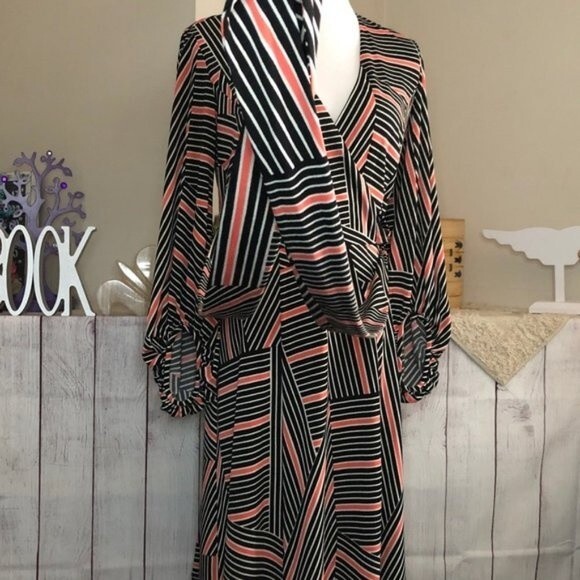 Donna Ricco sz 2 Striped Panel Faux Wrap Dress - Picture 8 of 13